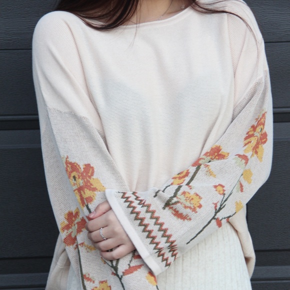 Asian Sizing- Floral Flounce Sleeve Sweater - Picture 2 of 8